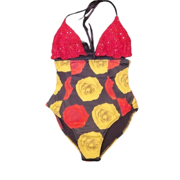 Roses of yellow &red high waisted bottoms sequins bikini top. - Picture 3 of 8